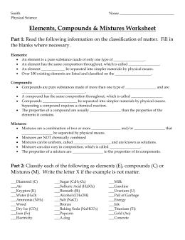 Elements Compounds And Mixtures Worksheet Grade 7 With Answers