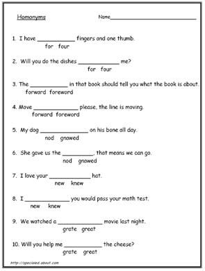 Homonyms Worksheets 1st Grade