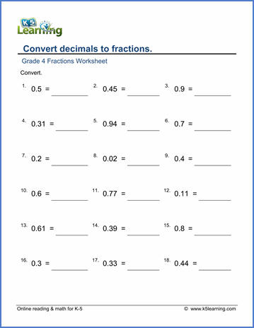 4th Grade Decimals To Fractions Worksheets