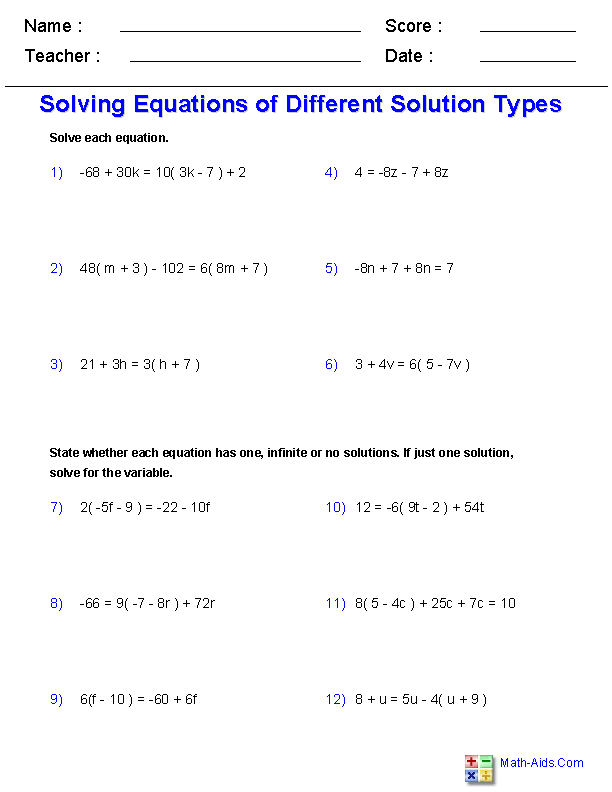 Algebra Solving Equations Worksheets