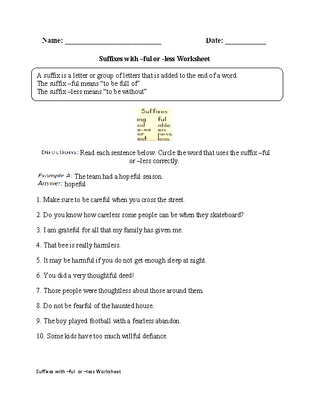 Suffixes Worksheets With Answers