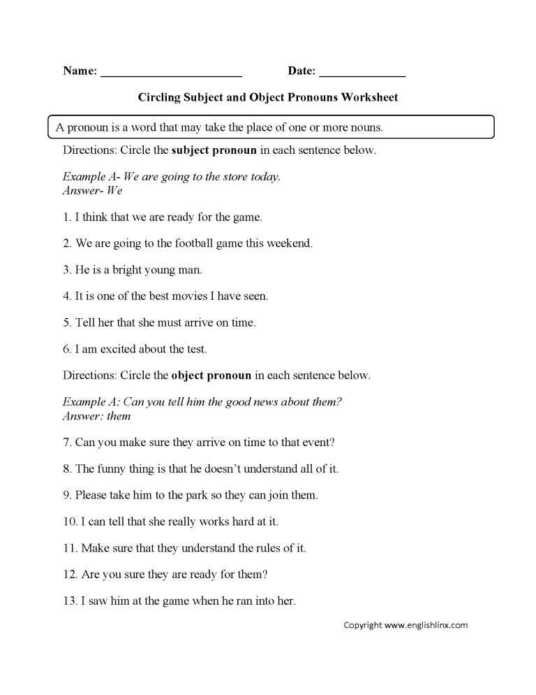 Subject And Object Pronouns Worksheets For Grade 1