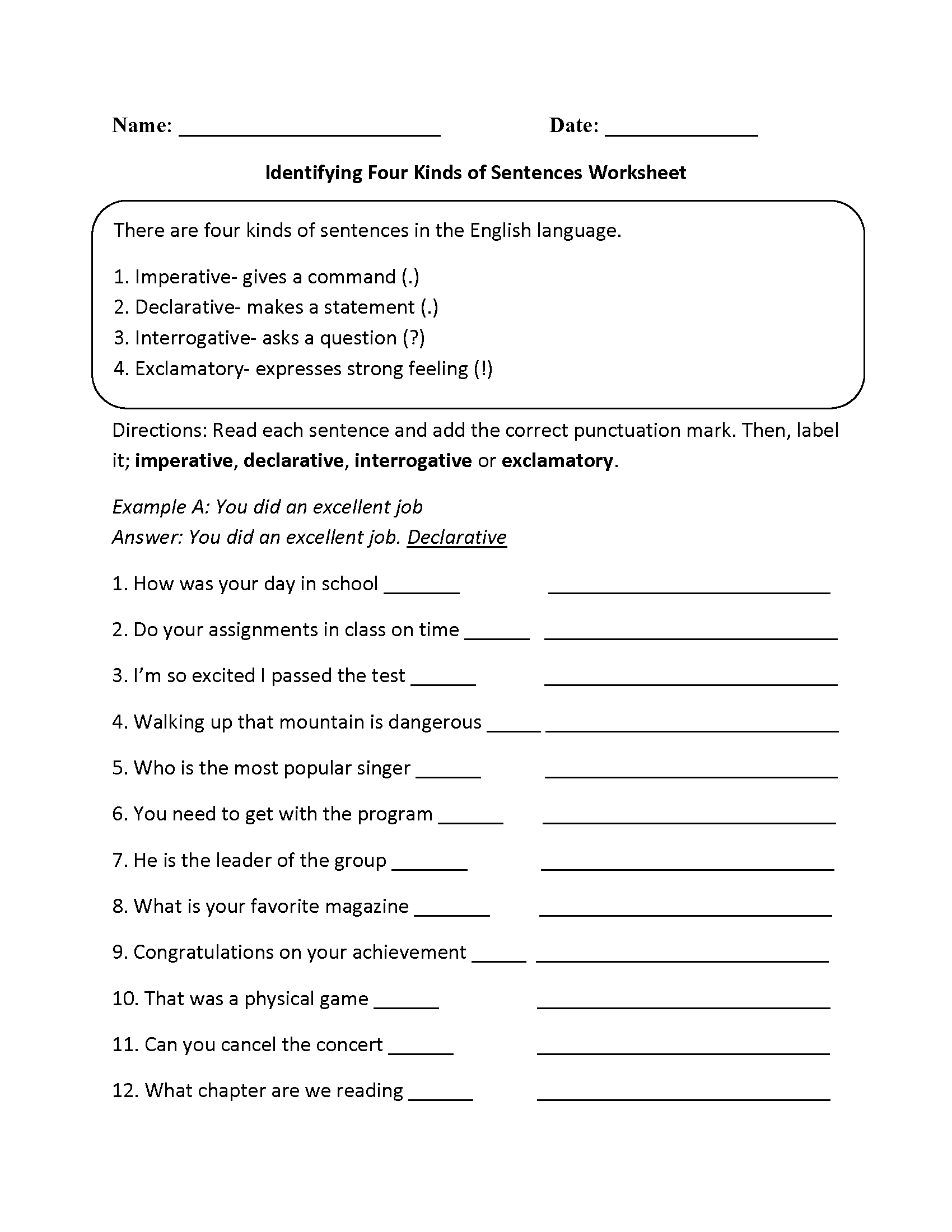 Grade 4 Worksheets On Kinds Of Sentences