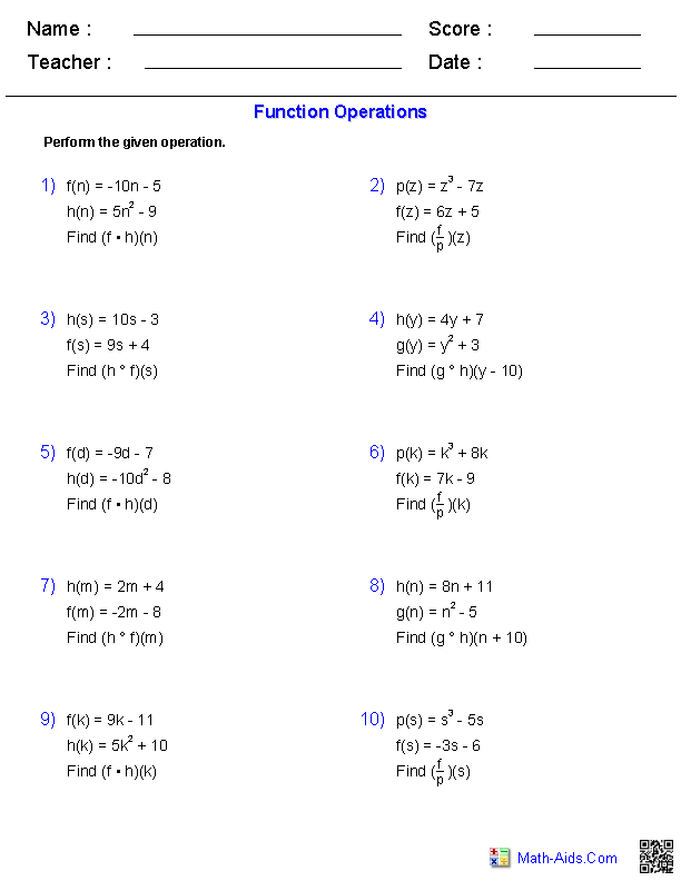 Function Operations Worksheet Answers