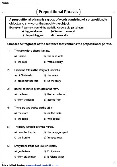 Prepositional Phrase Worksheet