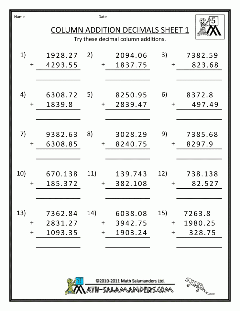 Addition And Subtraction Worksheets For Grade 5