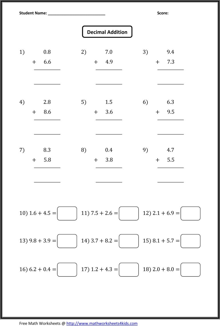 Subtracting Decimals Worksheet With Answers