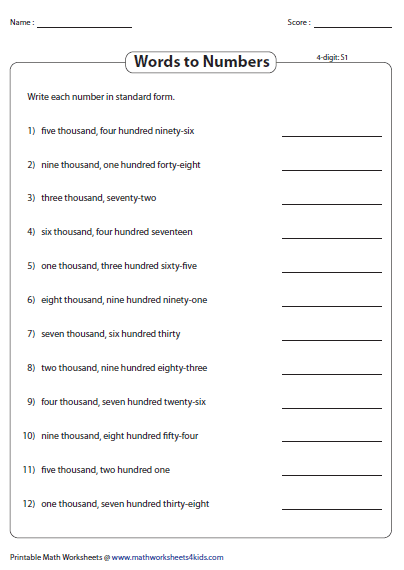 Number Names Worksheet For Grade 4