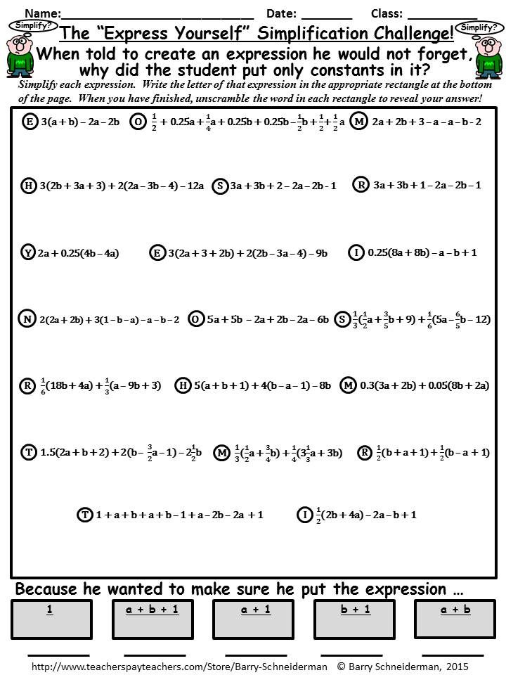 Simplifying Algebraic Expressions Worksheet 8th Grade