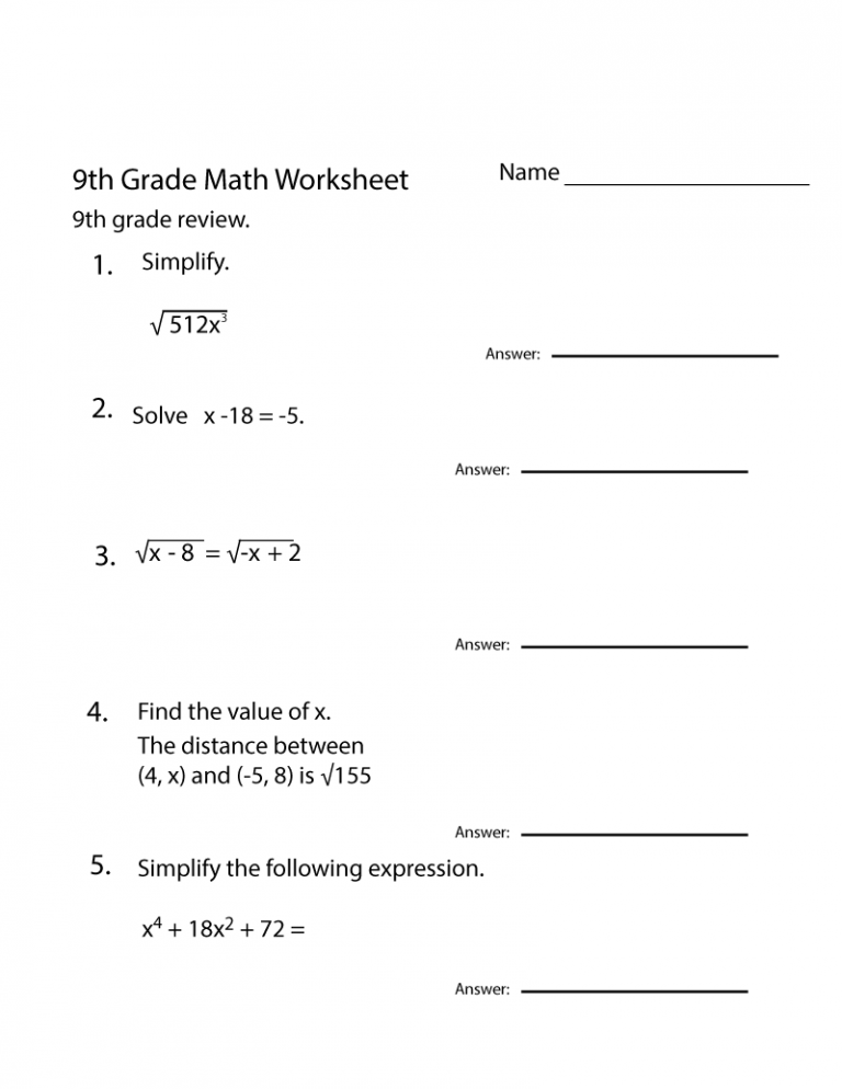 Grade 9 Math Worksheets