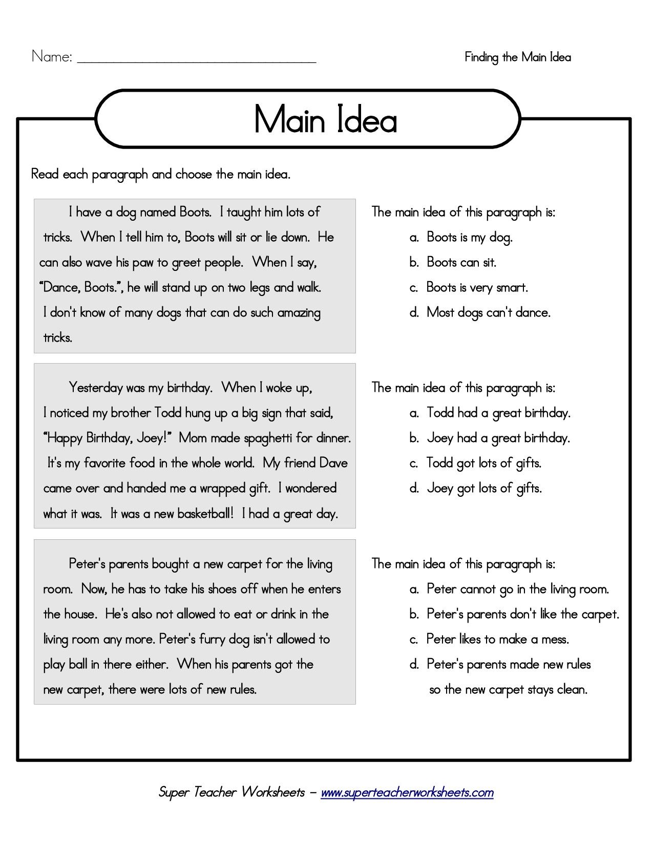 Main Idea Worksheets 4th Grade Pdf