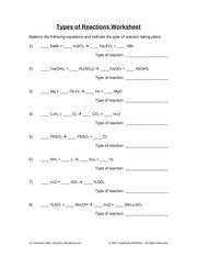 Types Of Chemical Reactions Worksheet Answer Key