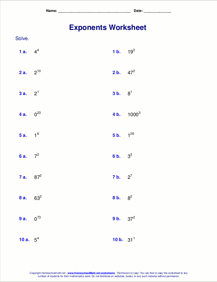 Exponents Worksheets Grade 5