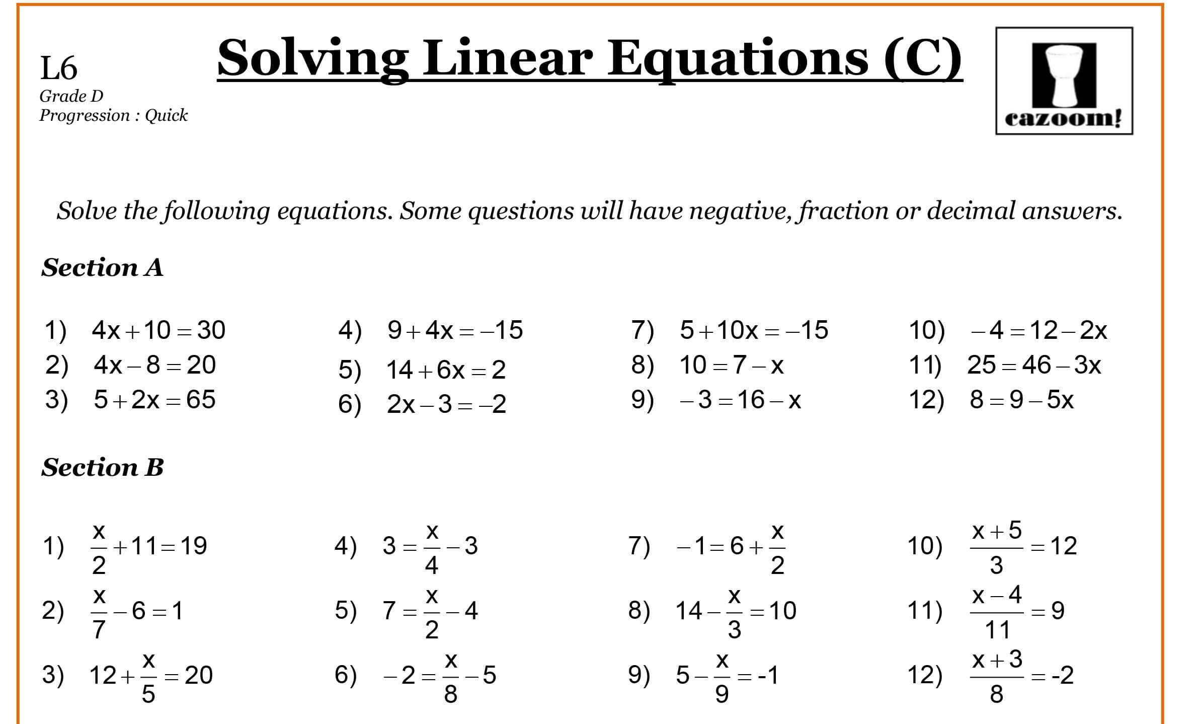 9th Grade Algebra Problems Worksheet