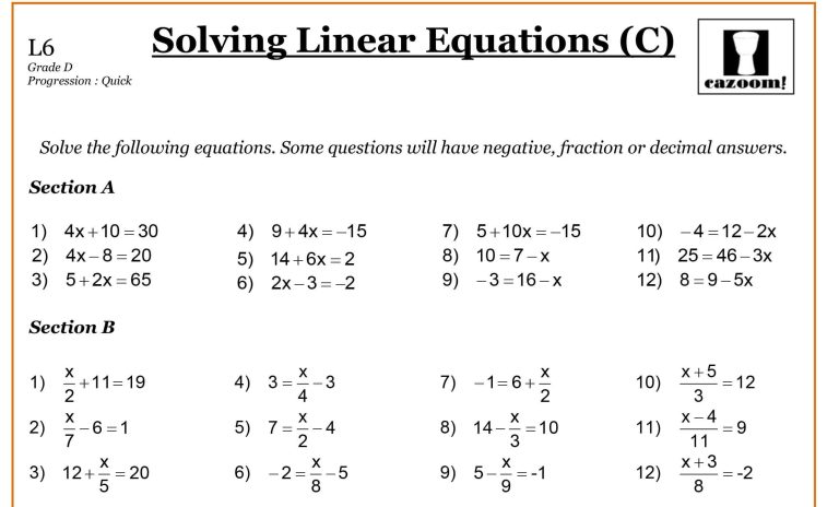 Algebra Equations Worksheets Year 9