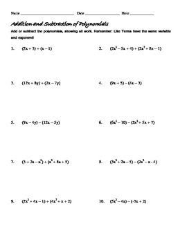 Adding And Subtracting Polynomials Worksheet Pdf
