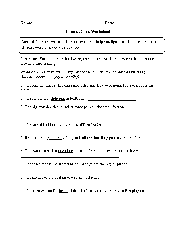 8th Grade Context Clues Worksheets Pdf