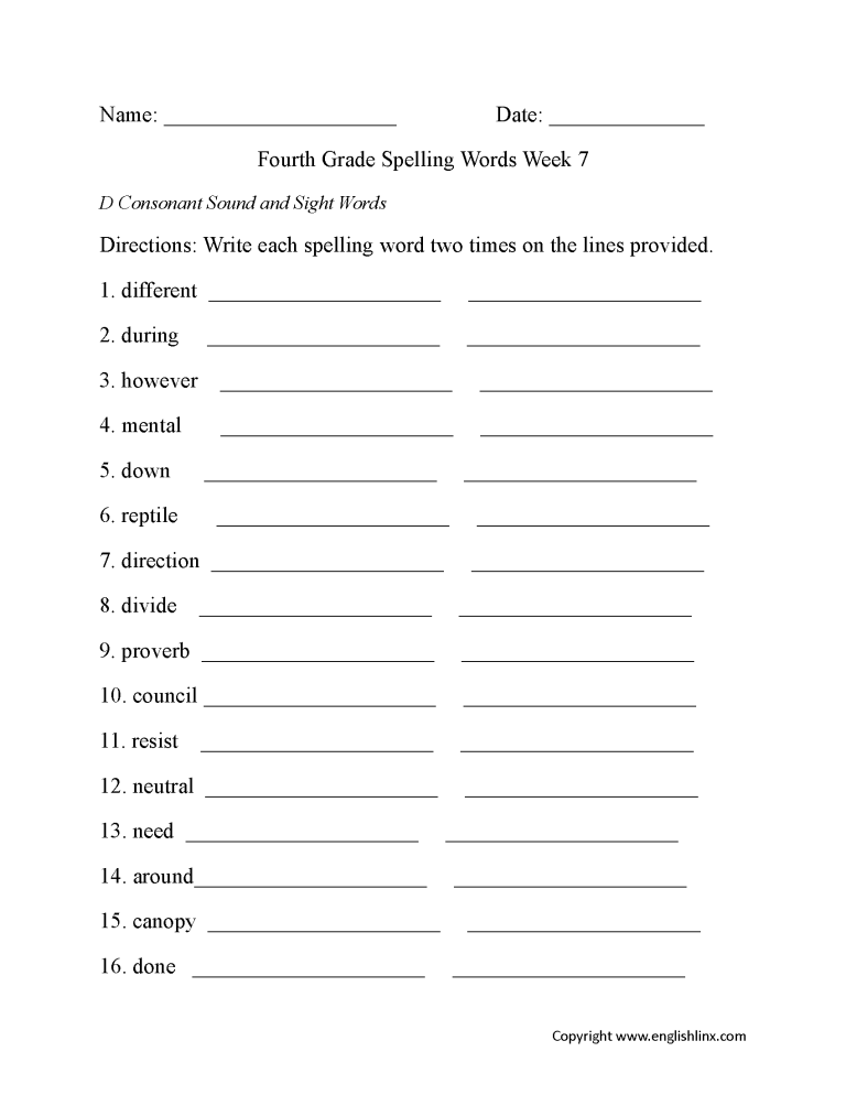 Spelling Practice Worksheets 4th Grade