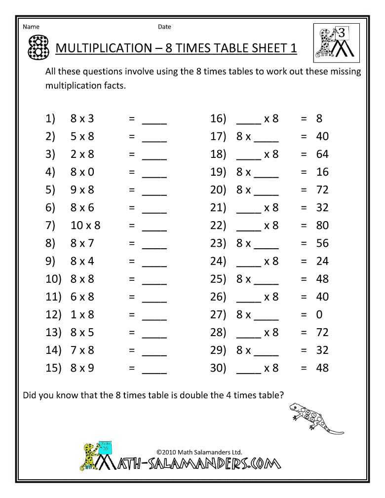 8 Times Table Worksheet Printable