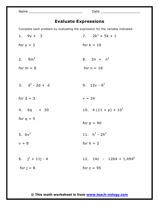 8th Grade Math Worksheets Algebra