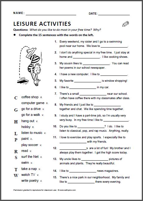 Leisure Education Worksheets For Adults