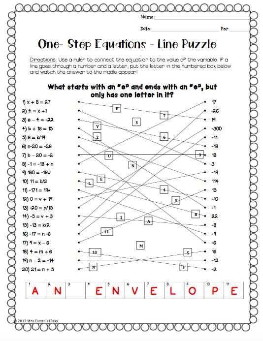Solving One Step Equations Worksheet Puzzle