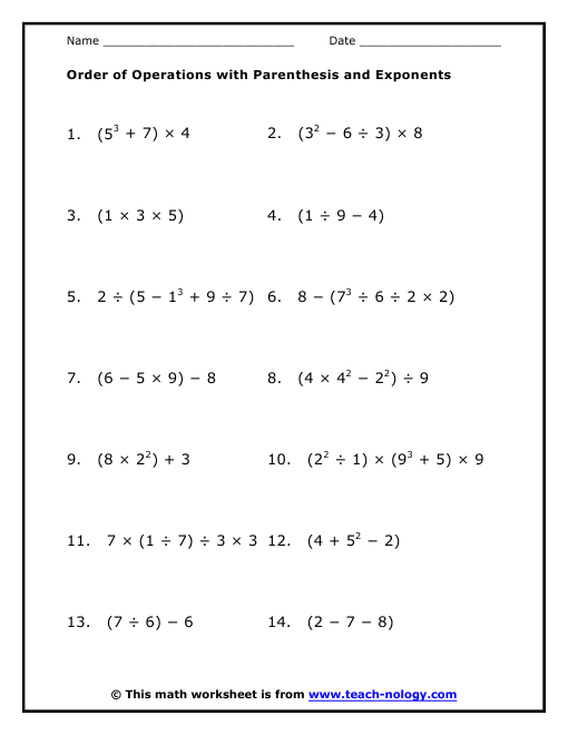 Grade 8 Math Worksheets Order Of Operations