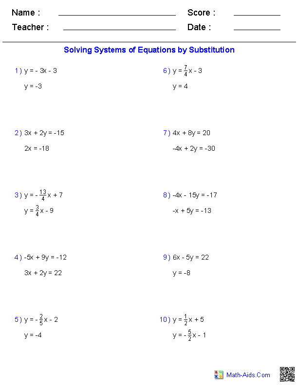 System Of Equations Worksheet Answer Key