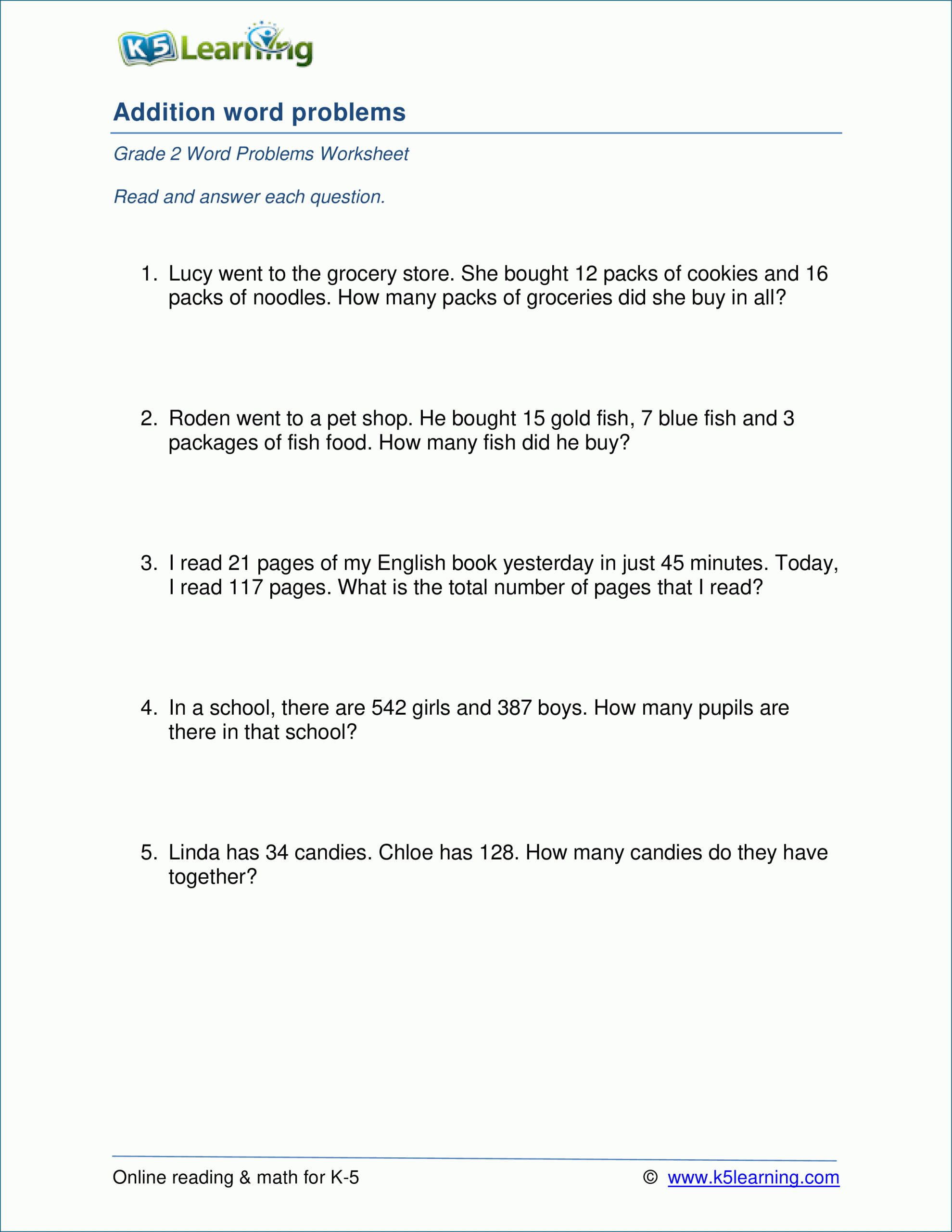 3rd Grade Addition Word Problems For Grade 2 Worksheets