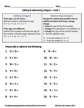 Adding And Subtracting Integers Worksheet