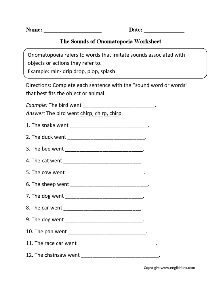 Onomatopoeia Worksheets For Grade 4