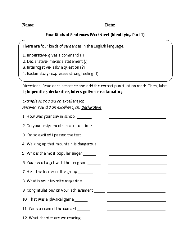 Types Of Sentences Worksheets 6th Grade