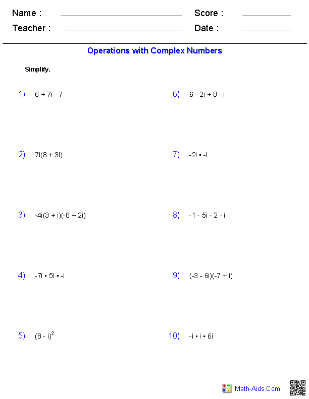 Operations With Complex Numbers Worksheet
