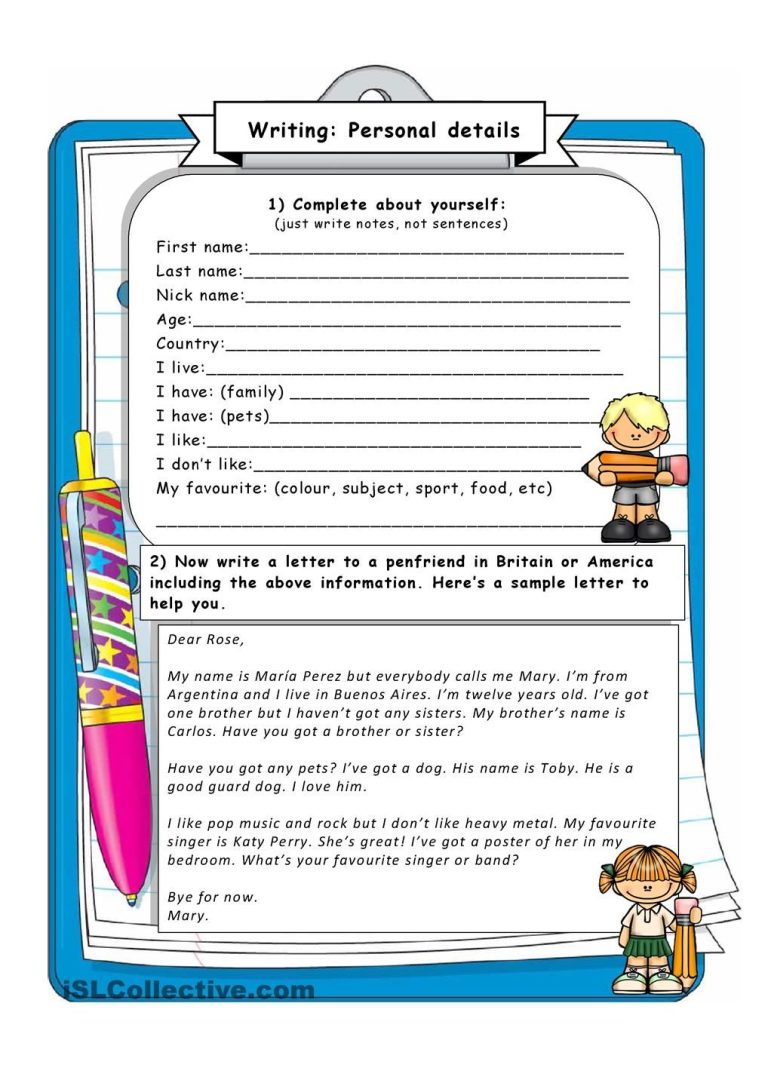 Personal Information Worksheet For Students