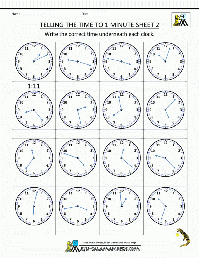 Telling Time To The Minute Worksheets