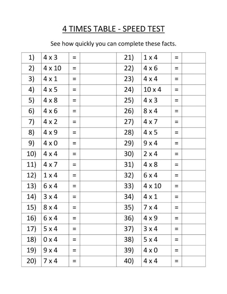 Times Table Sheet For Kids