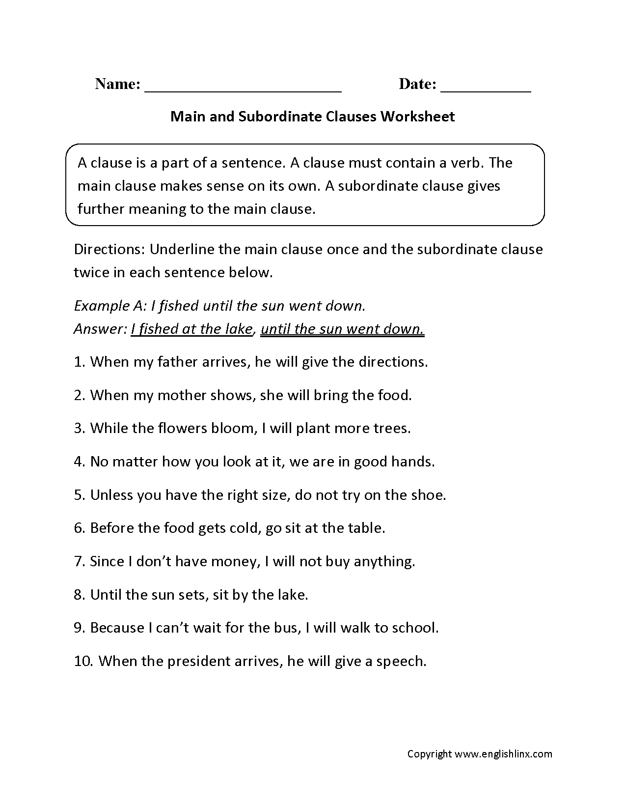 Subordinate Clause Worksheet With Answers
