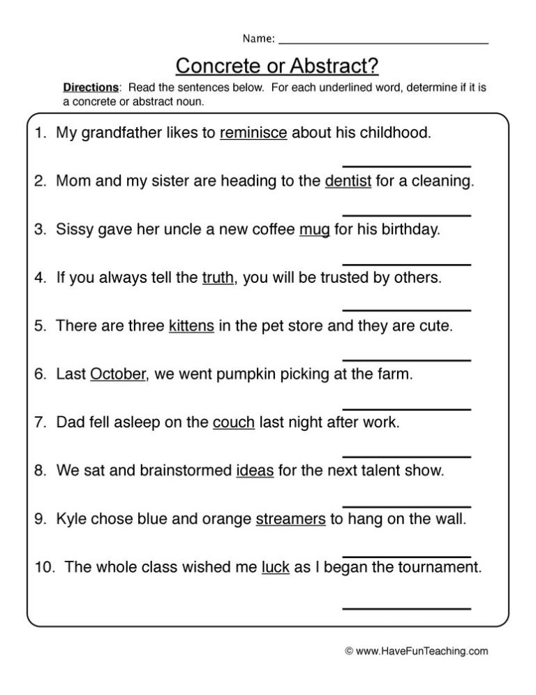 Concrete And Abstract Nouns Worksheet 7th Grade Pdf