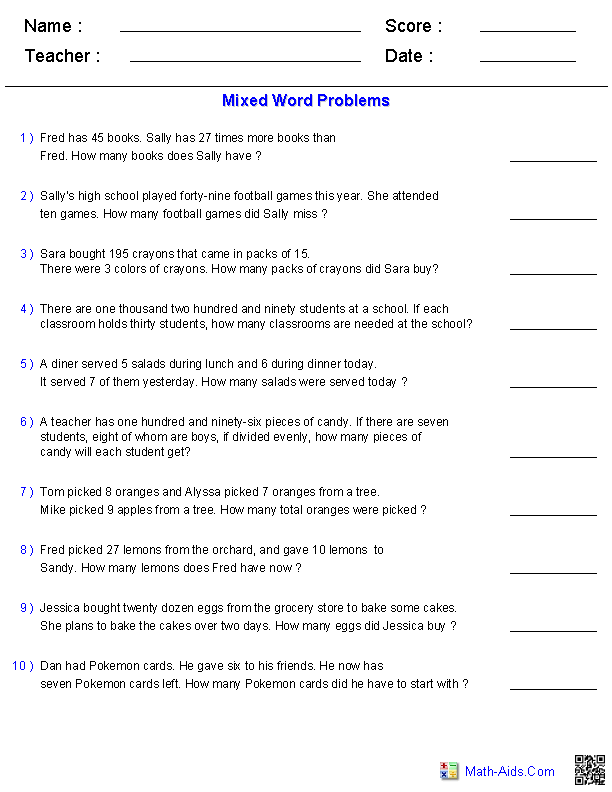 Mixed Word Problems For Grade 4 With Answers