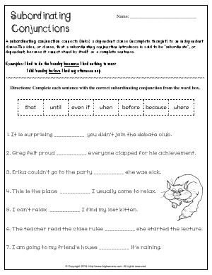 Subordinating Conjunctions Worksheet 7th Grade