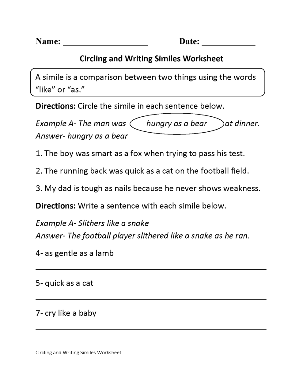 Similes Worksheet For Grade 2