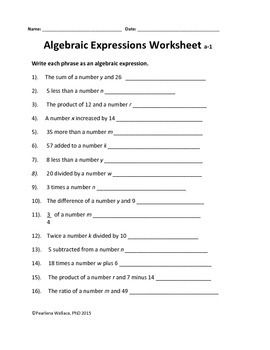 Writing Algebraic Expressions Worksheet Pdf With Answers