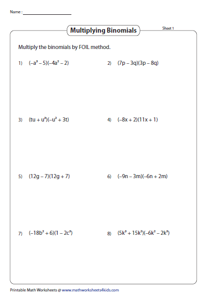Algebra Multiplying Binomials Worksheet