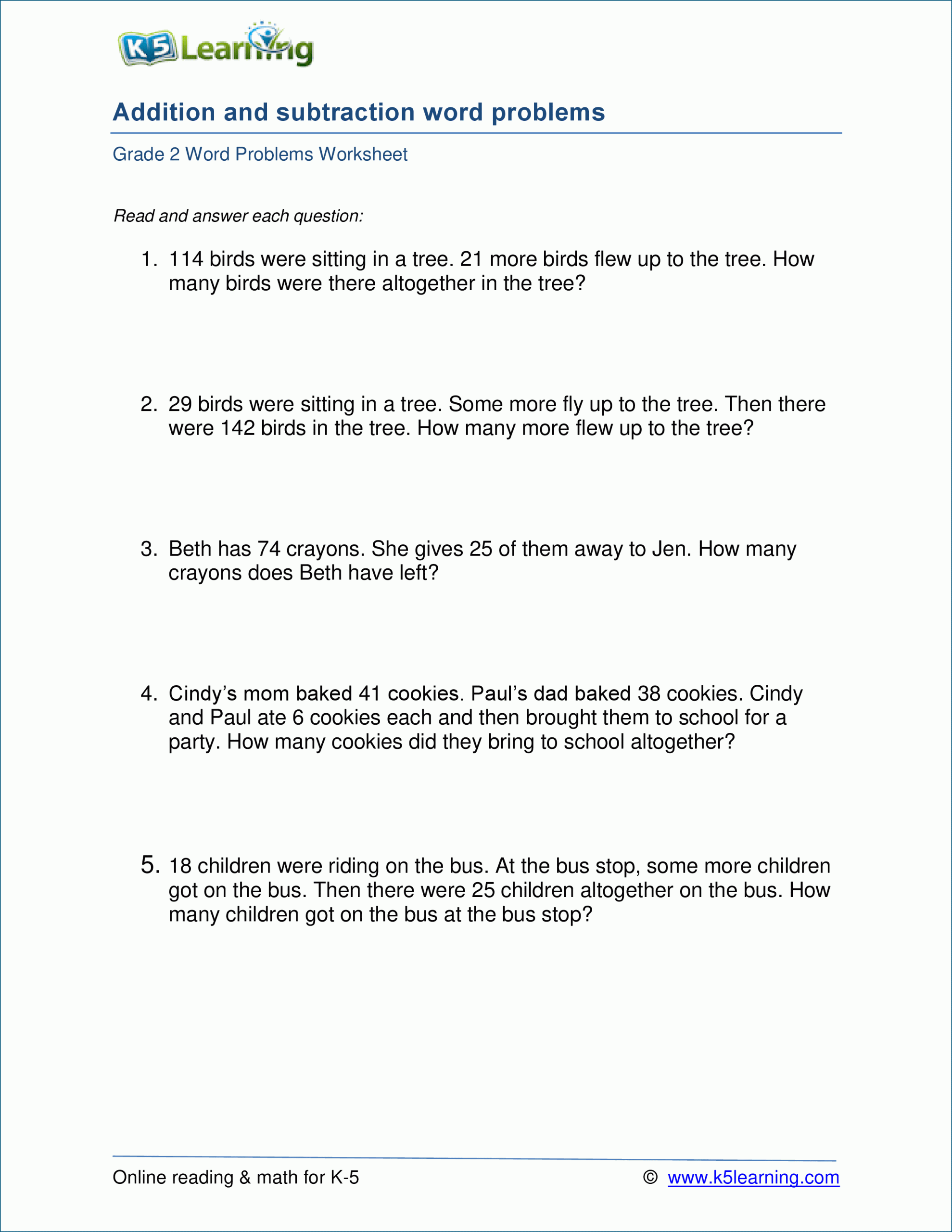 Addition And Subtraction Word Problems Grade 3