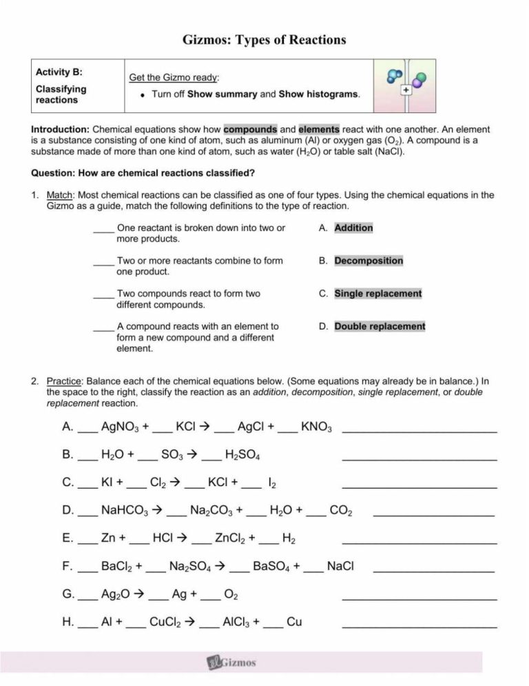 Classifying Chemical Reactions Worksheet Pdf