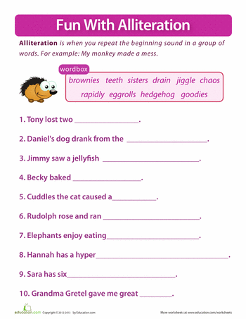 Alliteration Worksheets For Kids