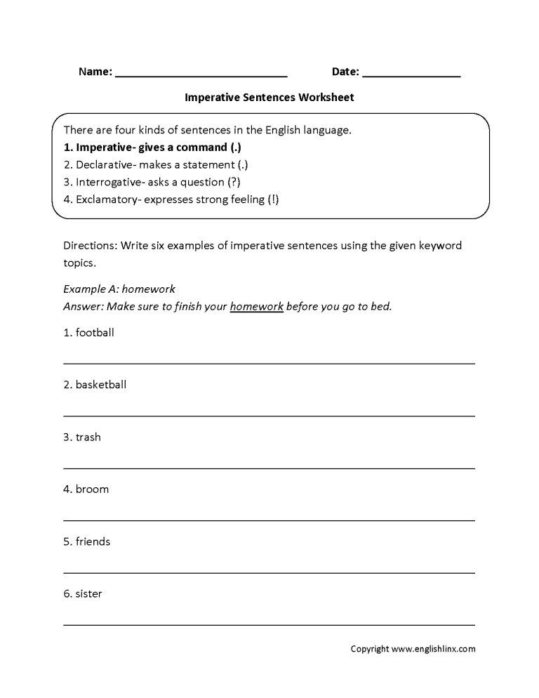 Imperative Sentence Worksheets For Grade 3
