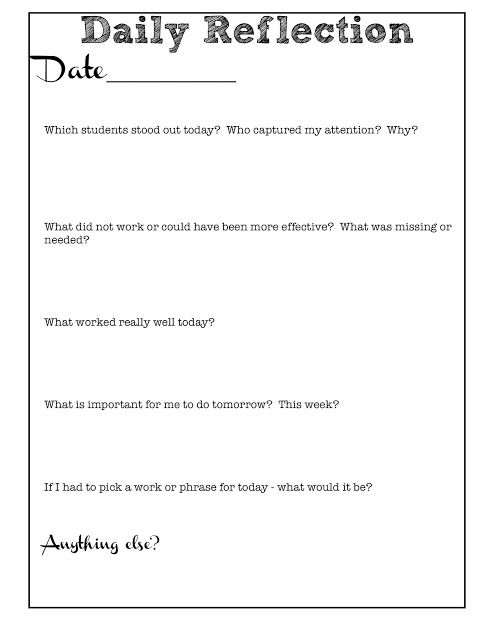 Reflection Sheet For Teachers