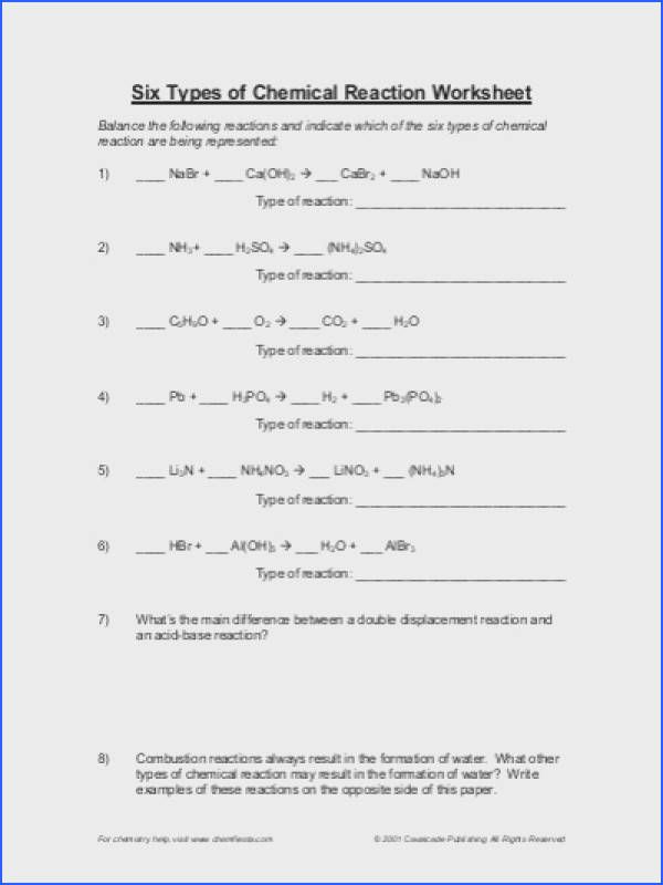 5 Types Of Chemical Reactions Worksheet