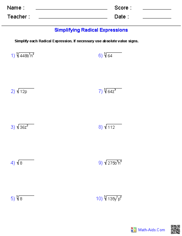 Multiplying Radicals Worksheet No Variables
